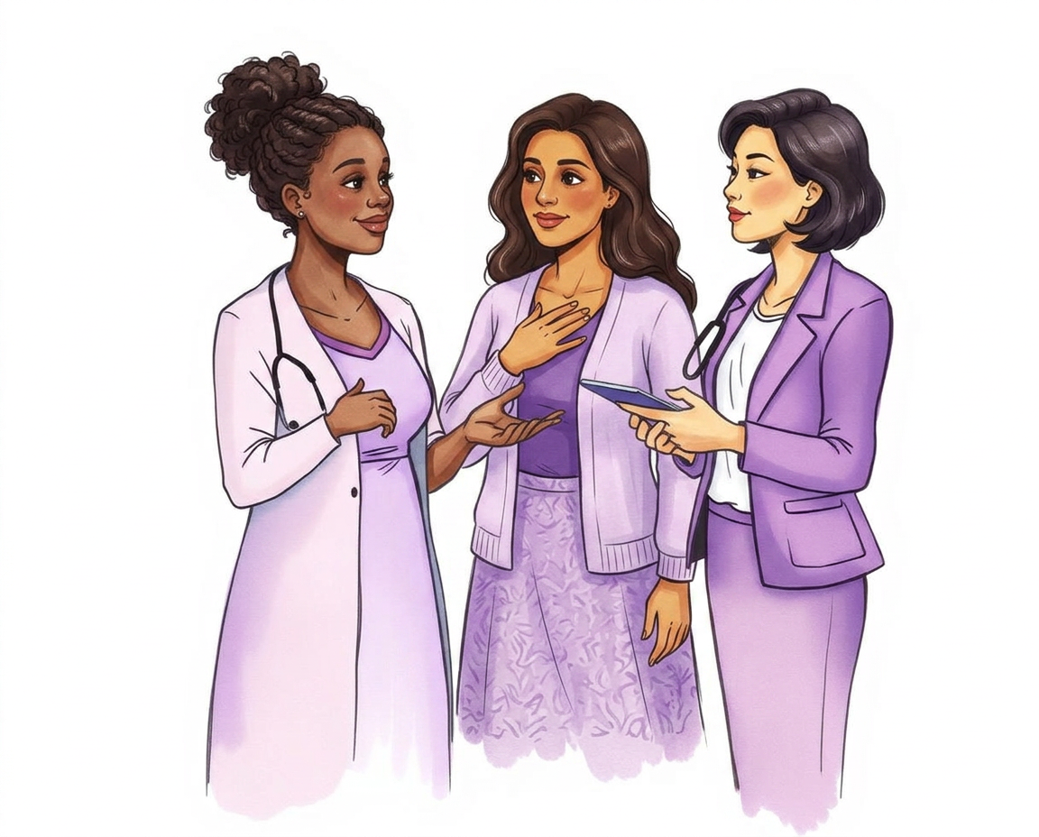 A mother speaking with a provider while an advocate stands beside her