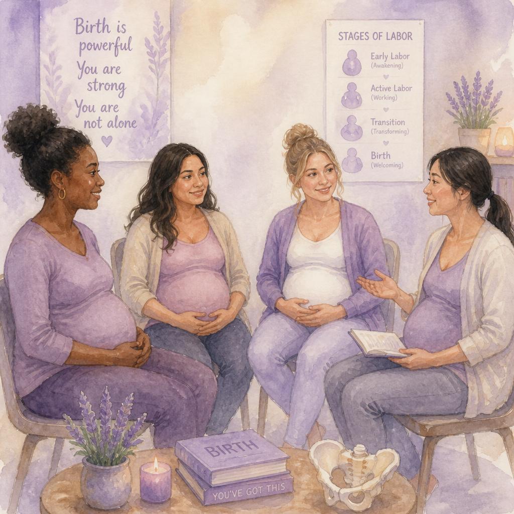 A small group of mothers gathered in a childbirth education class