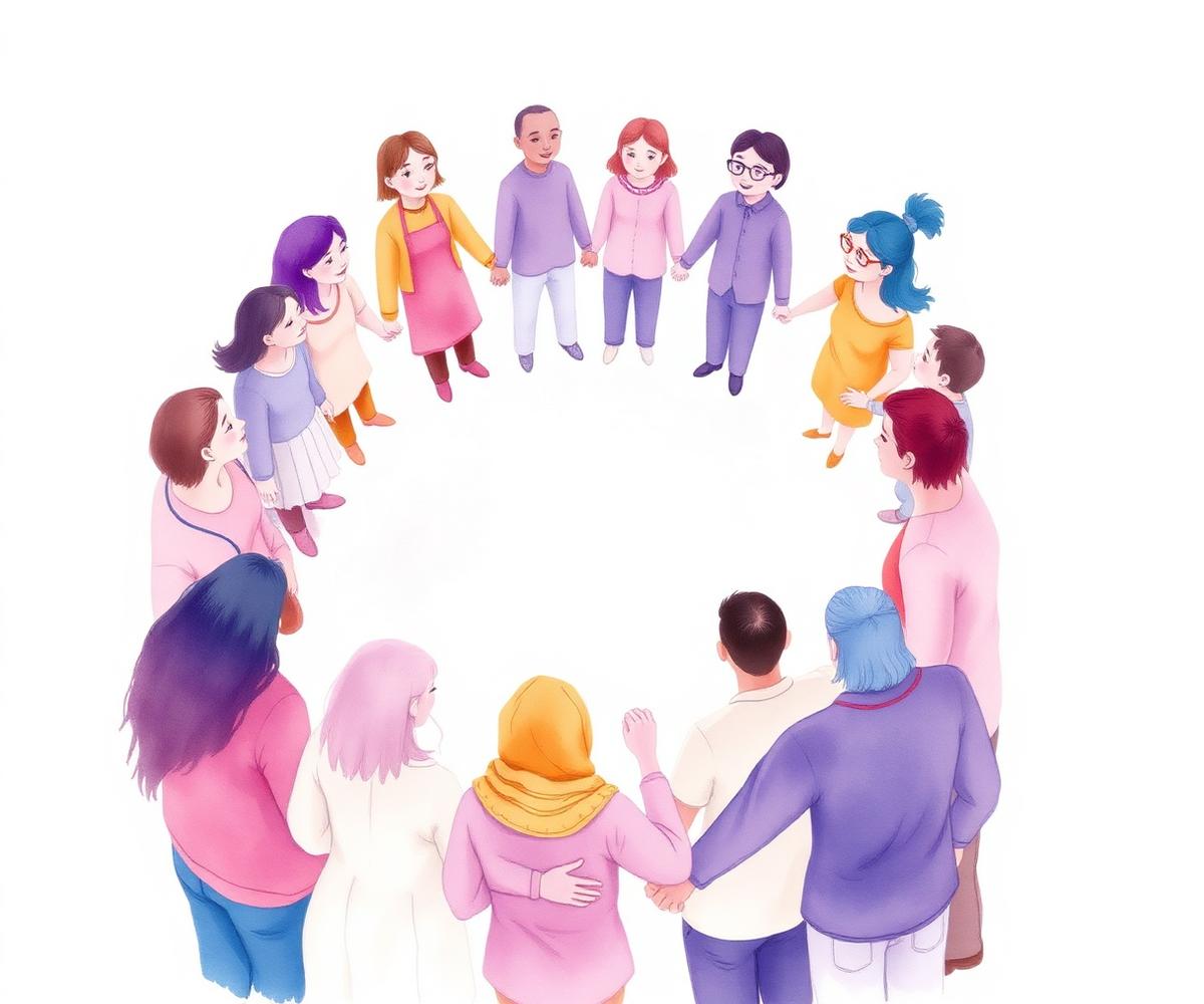 A circle of community members and families standing together