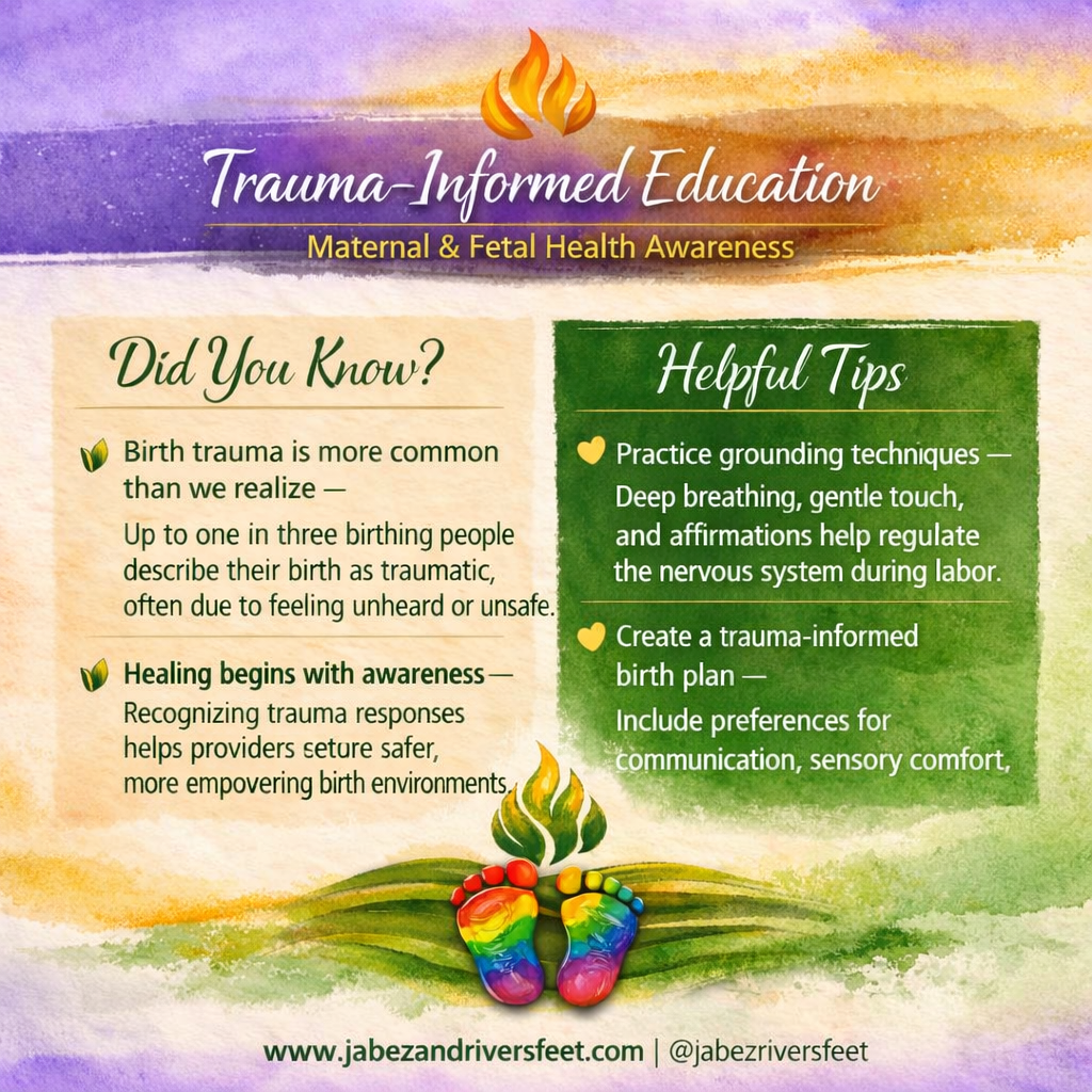 Maternal and fetal health awareness graphic about birth trauma and grounding techniques